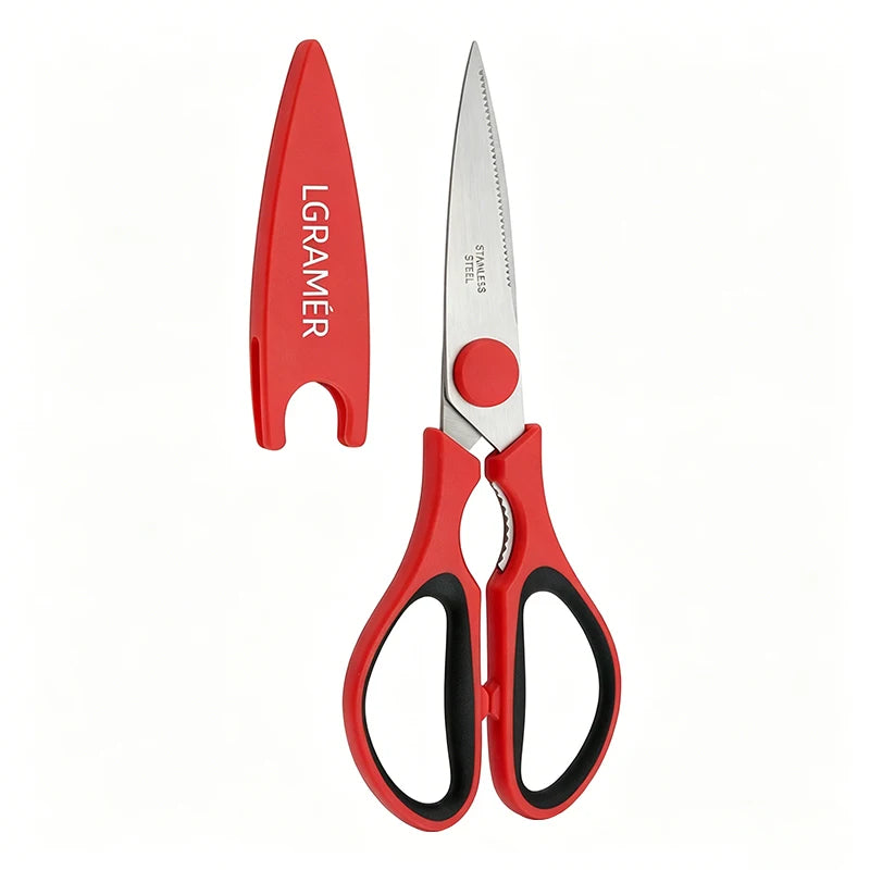 Red Stainless Steel Kitchen Scissors | Serrated Shears & Opener