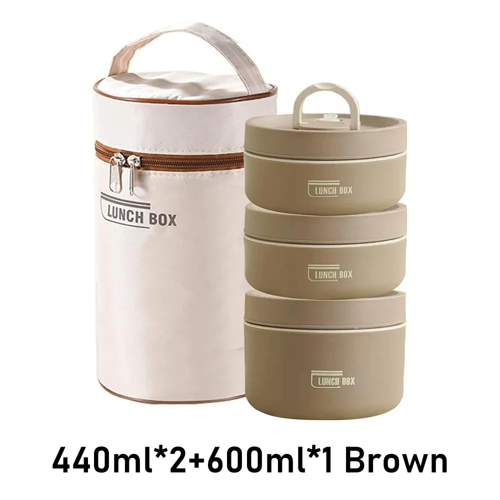 Insulated Lunch Container Set – 3 Stackable Stainless Steel Bento Boxes with Bag Peaceful Pleasures Health and Wellness Brown 3 1400ML