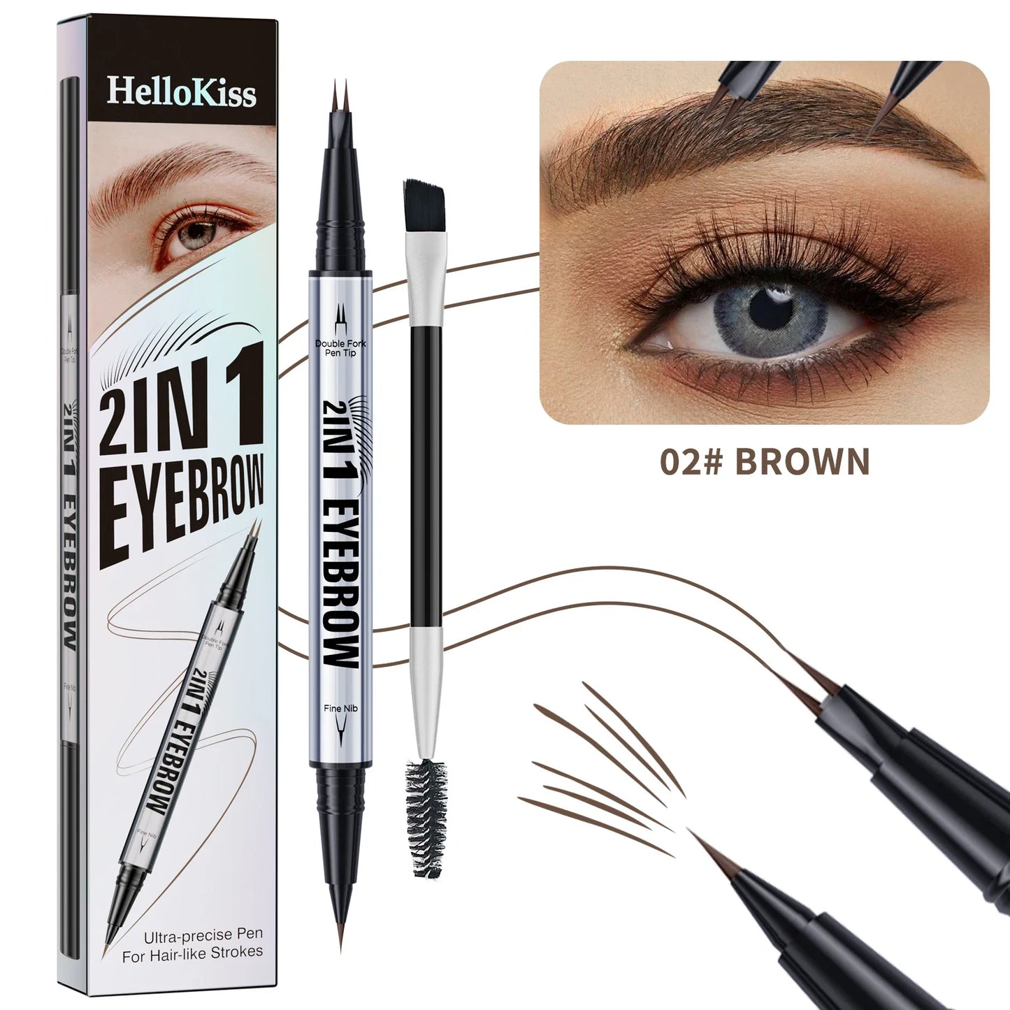 Hello Kiss 2-in-1 Waterproof Liquid Eyebrow Pencil & Fork Brush