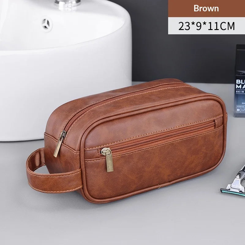 Large Capacity Men Leather Travel Wash Bag Business Trips Portable Cosmetic Bag Multi Pocket Design Handheld Leather Wash Bag Peaceful Pleasures Health and Wellness PU brown