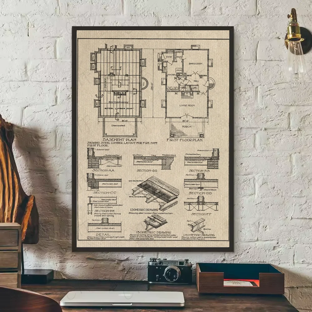 Vintage Architecture Drawings Wall Poster | Waterproof PVC Art Wall Art Poster Peaceful Pleasures Health and Wellness z5 15X20cmNoframe