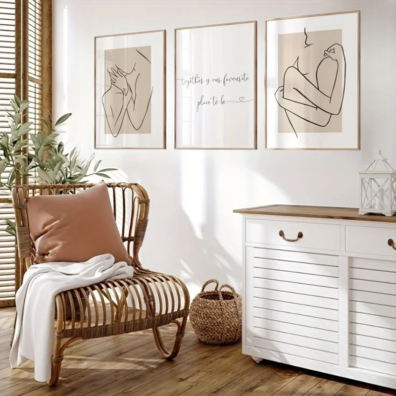 3 Pieces Beige Canvas One Line Drawing Couple Prints - Modern Together Is Our Favourite Place To Be Unframed Wall Art Peaceful Pleasures Health and Wellness