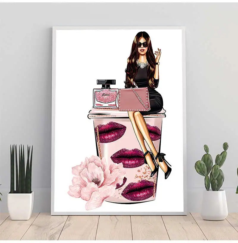Paris Fashion Girl Flower Canvas Wall Art Print | Unframed Poster
