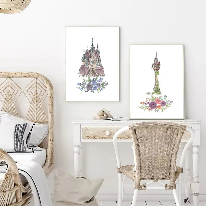 Watercolor Princess Castle Canvas Wall Art | Girls Nursery Decor