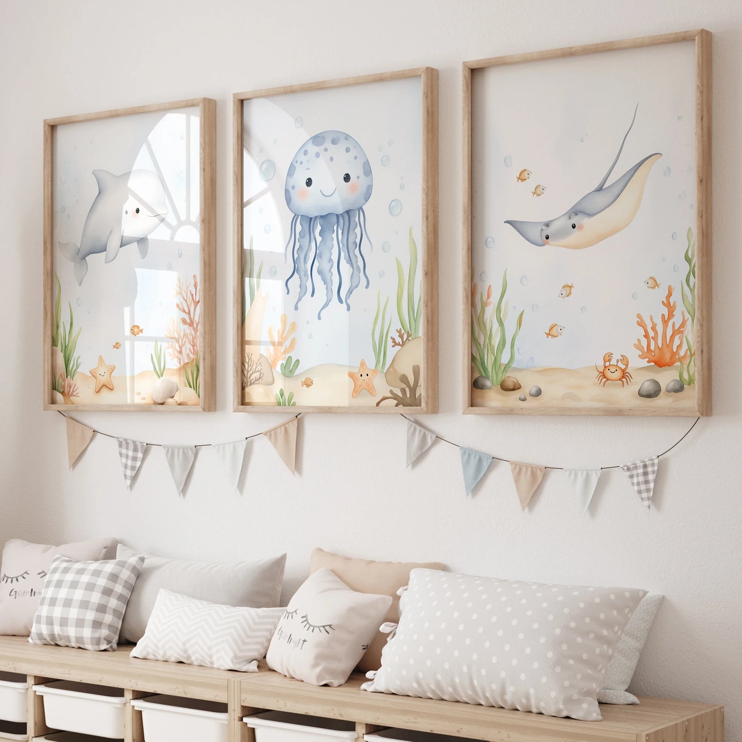 3-Piece Cartoon Jellyfish & Seal Canvas Wall Art Print Set