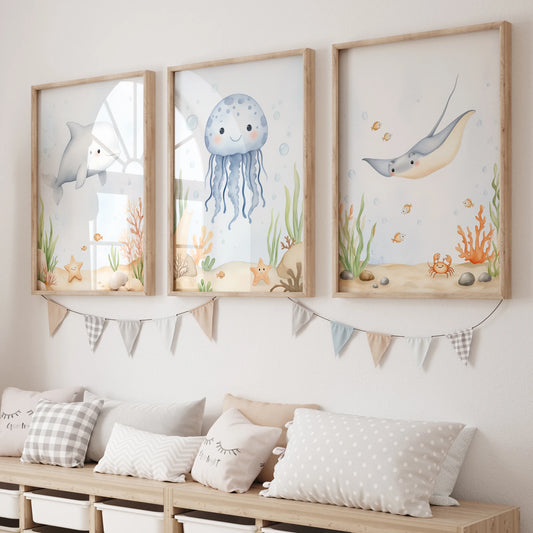 3-Piece Cartoon Jellyfish & Seal Canvas Wall Art Print Set Canvas Wall Art Set Peaceful Pleasures Health and Wellness GP115-3pcs 60x80cm Unframed