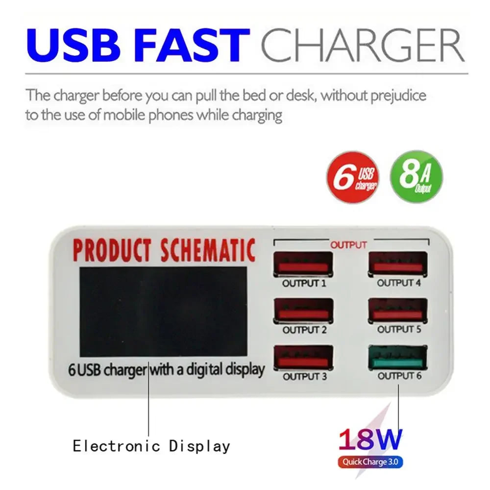 6-Port 40W QC3.0 USB Desktop Charger with LCD Display