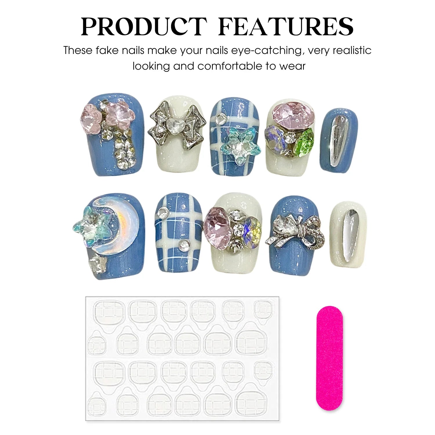 Handmade Press On Nails Short Square Plaid Pattern False Nails Wearable Shiny Crystal Sweet Bow Decor Korean Lady Fake Nails Peaceful Pleasures Health and Wellness
