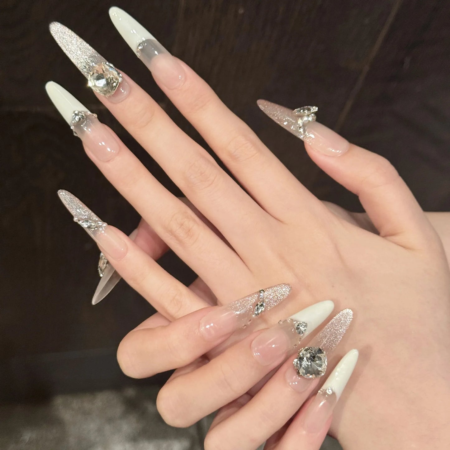 10pcs Handmade Long Oval Press on Nails Shiny Powder Rhinestone Design False Nails Wearable Full Cover French False Nail Tips Peaceful Pleasures Health and Wellness
