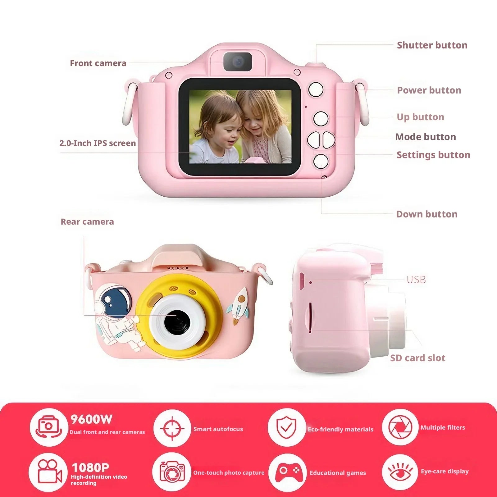 Kids Digital Camera 9600W Dual Lens 1080P HD Video Recorder with Eye Care Screen Educational Games for Toddler Boys Girls Peaceful Pleasures Health and Wellness