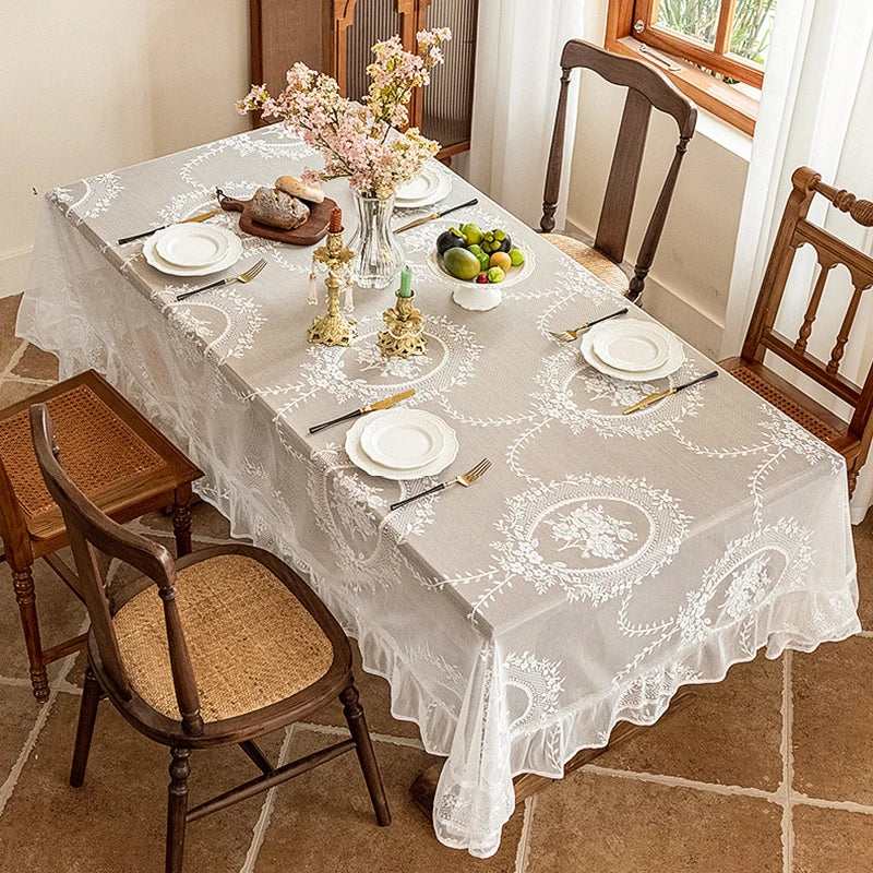 Battilo White Floral Lace Tablecloth | Wedding & Dining