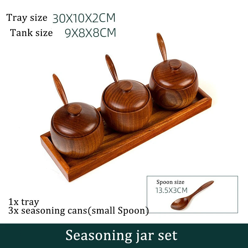 Wooden Seasoning Jar Creative Kitchen Retro Salt Sugar Pot Seasoning Storage Jar With Lid Spoon Wooden Tray Storage Containers Peaceful Pleasures Health and Wellness 4pc small tray set