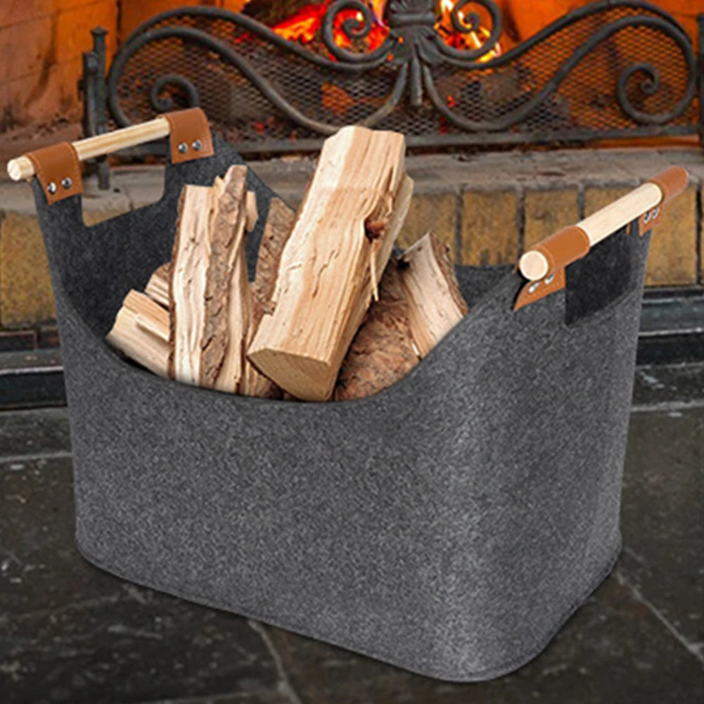 Foldable Felt Basket with Wooden Handles – 57L Firewood Storage