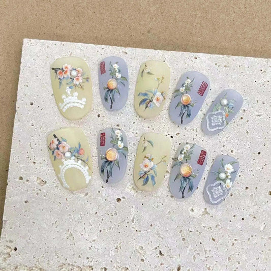 Press On Nails Yellow Blue Floral Pearl Design – Short Round Press On Nails Peaceful Pleasures Health and Wellness
