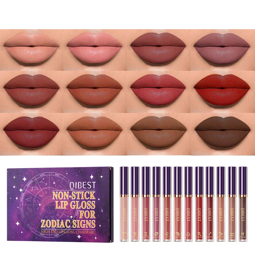 QIBEST 12pcs/set Constellations Liquid Lipstick Velvet Lipgloss Set Matte Waterproof Non-Stick Cup Lipstick Makeup Cosmetic Nude Peaceful Pleasures Health and Wellness Lip Makeup Sets