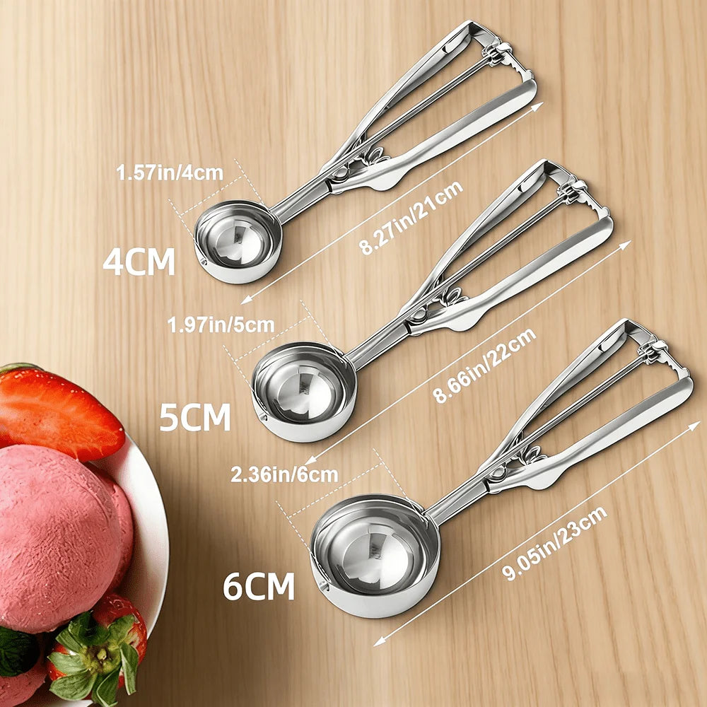 Stainless Steel Ice Cream Scoop with Trigger Release Food-Grade Rust-Proof Dishwasher Safe Multi Cookie Scoop for Kitchen Family Peaceful Pleasures Health and Wellness 3PCS-4cm 5cm 6cm