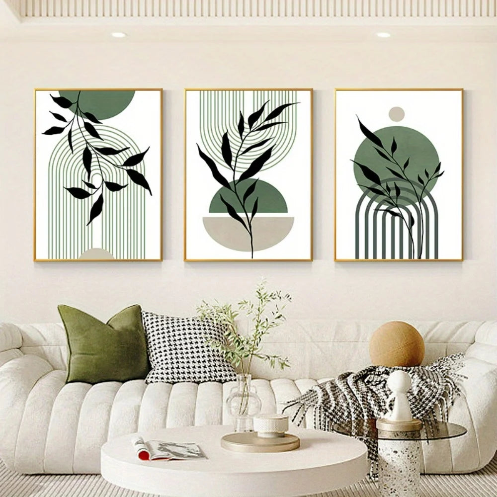 3-Piece Sage Green Boho Abstract Canvas Wall Art | Mid-Century