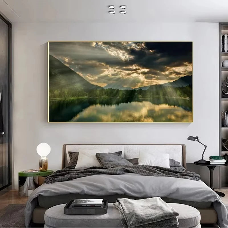 Nature Landscape Canvas Wall Art – Sunshine Forest Lake Print Landscape Canvas Print Peaceful Pleasures Health and Wellness ZLH2567 70x140cm No Frame
