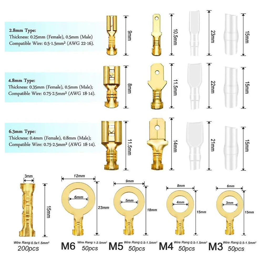 1000pc Crimp Terminal Kit – 2.8/4.8/6.3mm Spade Connectors