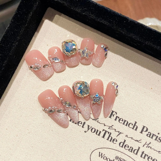 Handmade Press on Nails French Cat Eye Pink Sweet Fake Nails with Large Crystal Design Wearable Korean Style False Nail Tips Peaceful Pleasures Health and Wellness