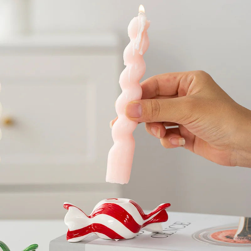 Ceramic Tealight Candle Holder | Striped Xmas Candy Design