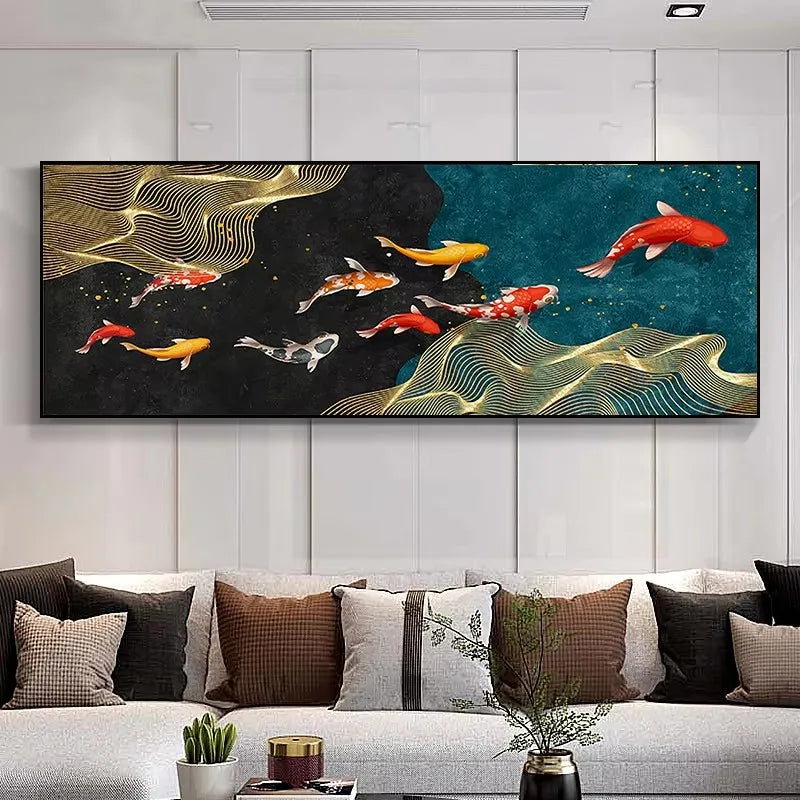 Large Wall Decorative Painting on Canvas Chinese Style Koi Poster Nine Fish Illustration Feng Shui Carp Lotus Pond Home Decor Peaceful Pleasures Health and Wellness ZLH3501 80x240cm Unframed