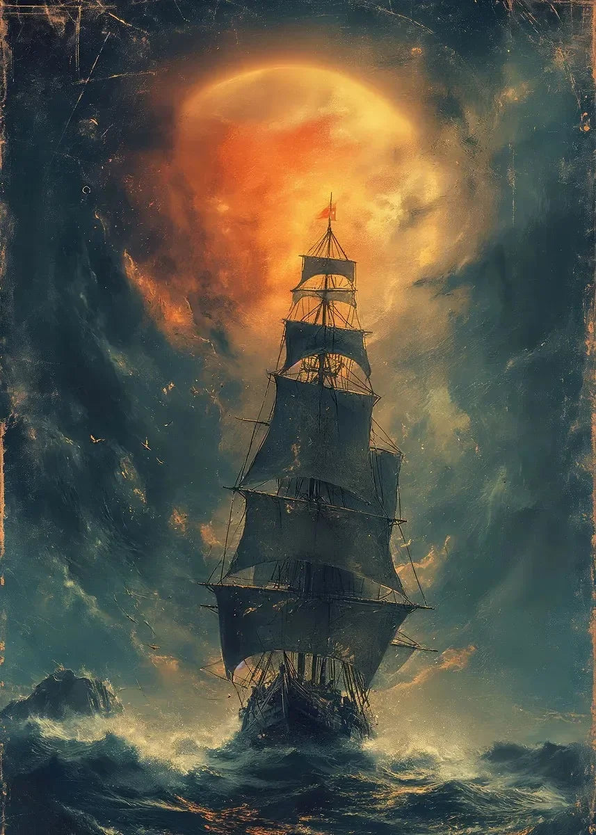 Pirate Ship Sailboat Sailing Ocean Moon Canvas Painting Poster Wall Picture Print for Living Room Home Decor Peaceful Pleasures Health and Wellness