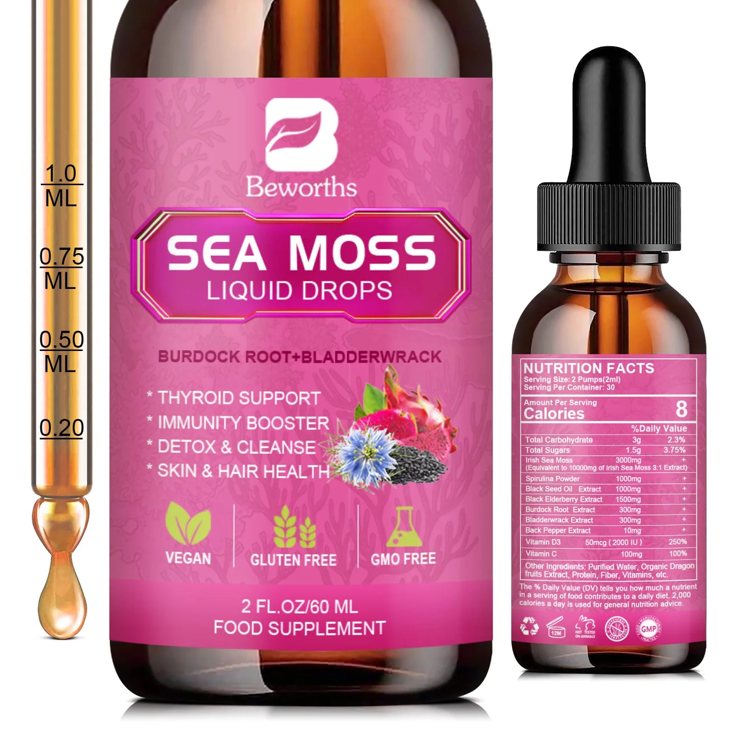 Sea Moss Liquid Drops 3000mg – Black Seed Oil, Burdock Root & Elderberry Peaceful Pleasures Health and Wellness