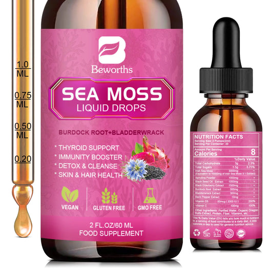 Sea Moss Liquid Drops 3000mg – Black Seed Oil, Burdock Root & Elderberry Peaceful Pleasures Health and Wellness