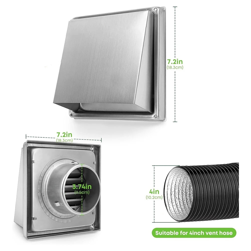4 Inch Dryer Vent Cover Outdoor Walls, Stainless Steel External Extractor Wall Vent Cushioned Non-Return Flap Peaceful Pleasures Health and Wellness