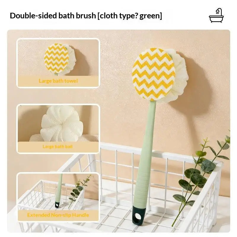 2-in-1 Long Handle Bath Brush & Exfoliating Loofah Puff