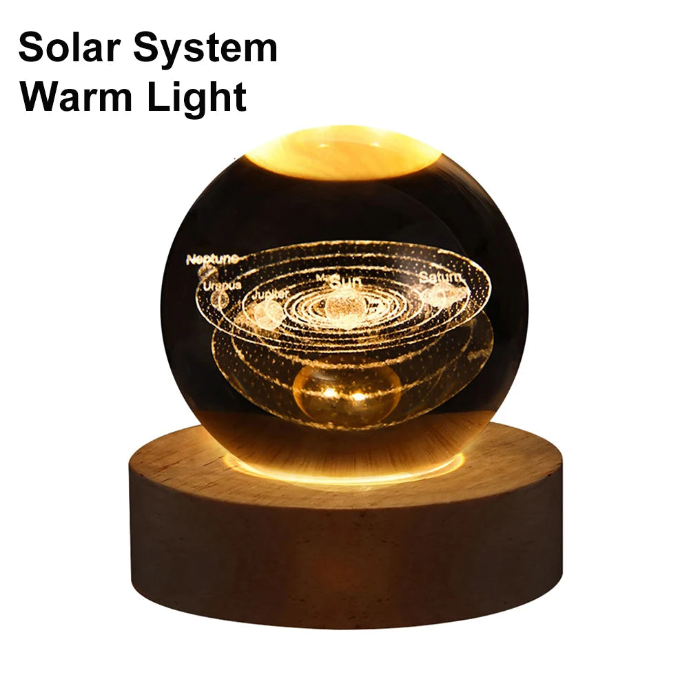 6cm Bedside RGB Lamp Solar Theme Cosmos Series Crystal Ball Night Lights Milky Way Moon Small Ornaments for Desk Creative Gift Peaceful Pleasures Health and Wellness Solar-Warm Light USB Plug