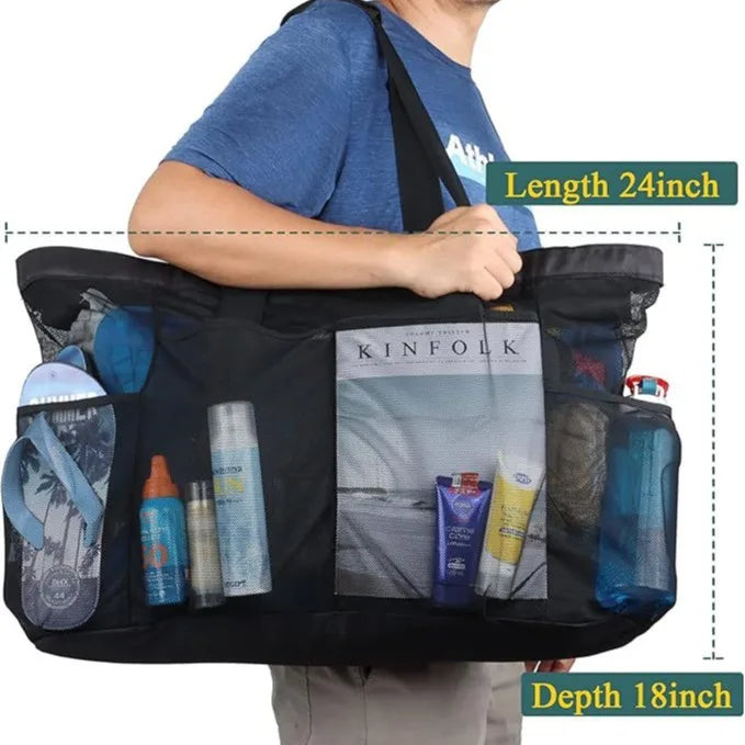 Extra Large Beach Bag - Lightweight, waterproof, foldable, with mesh straps, zippered pockets and fixed shoulder straps Peaceful Pleasures Health and Wellness