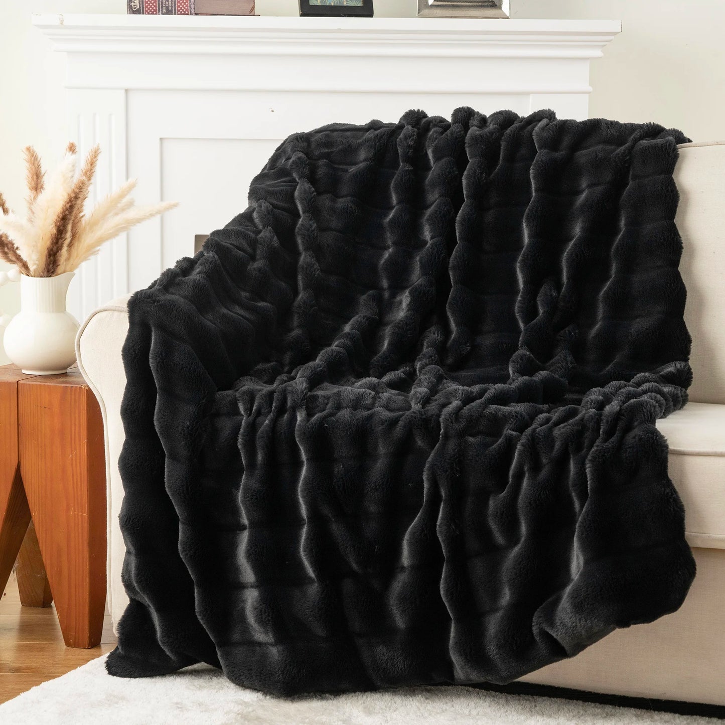 Battilo Faux Fur Throw Blanket ,Faux Rabbit Fur Blanket ,Fluffy Plush Thick Blankets for Bed Sofa,Soft Cozy Fuzzy Mink Blanket Peaceful Pleasures Health and Wellness Black 127x152cm