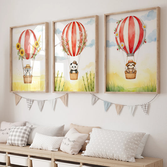 Cartoon Hot Air Balloon Animals Canvas Wall Art | Kids Room Kids Canvas Wall Art Peaceful Pleasures Health and Wellness GP075-3pcs 60x80cm Unframed