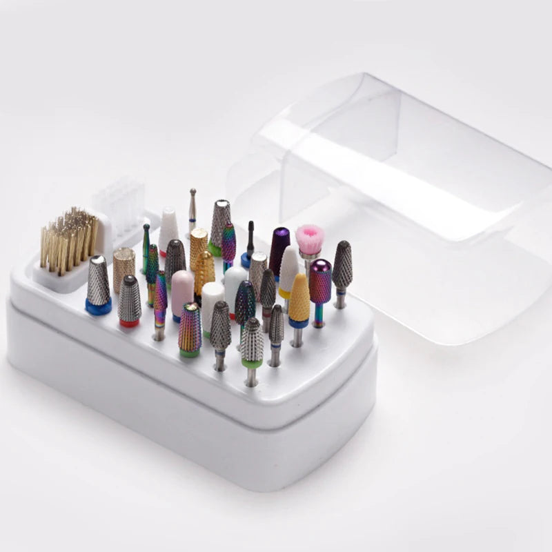 White 30 Holes Nail Drill Bits Holder Clear Dust Proof Drill Bit Case for Acrylic Nail Drill Bits Storage Nail Tools With Brush Peaceful Pleasures Health and Wellness