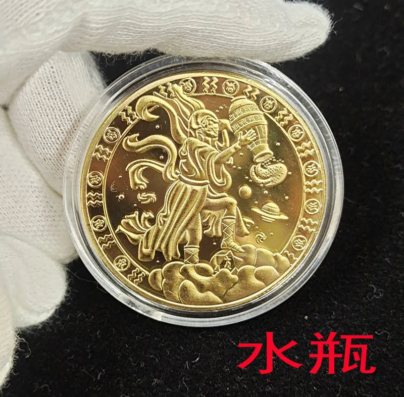 European 12 Zodiac Signs Commemorative Coin Tarot 4cm Iron Medallion Lucky Coin Wishing Coins Tooth Fairy Commemorative Coin Peaceful Pleasures Health and Wellness Aquarius