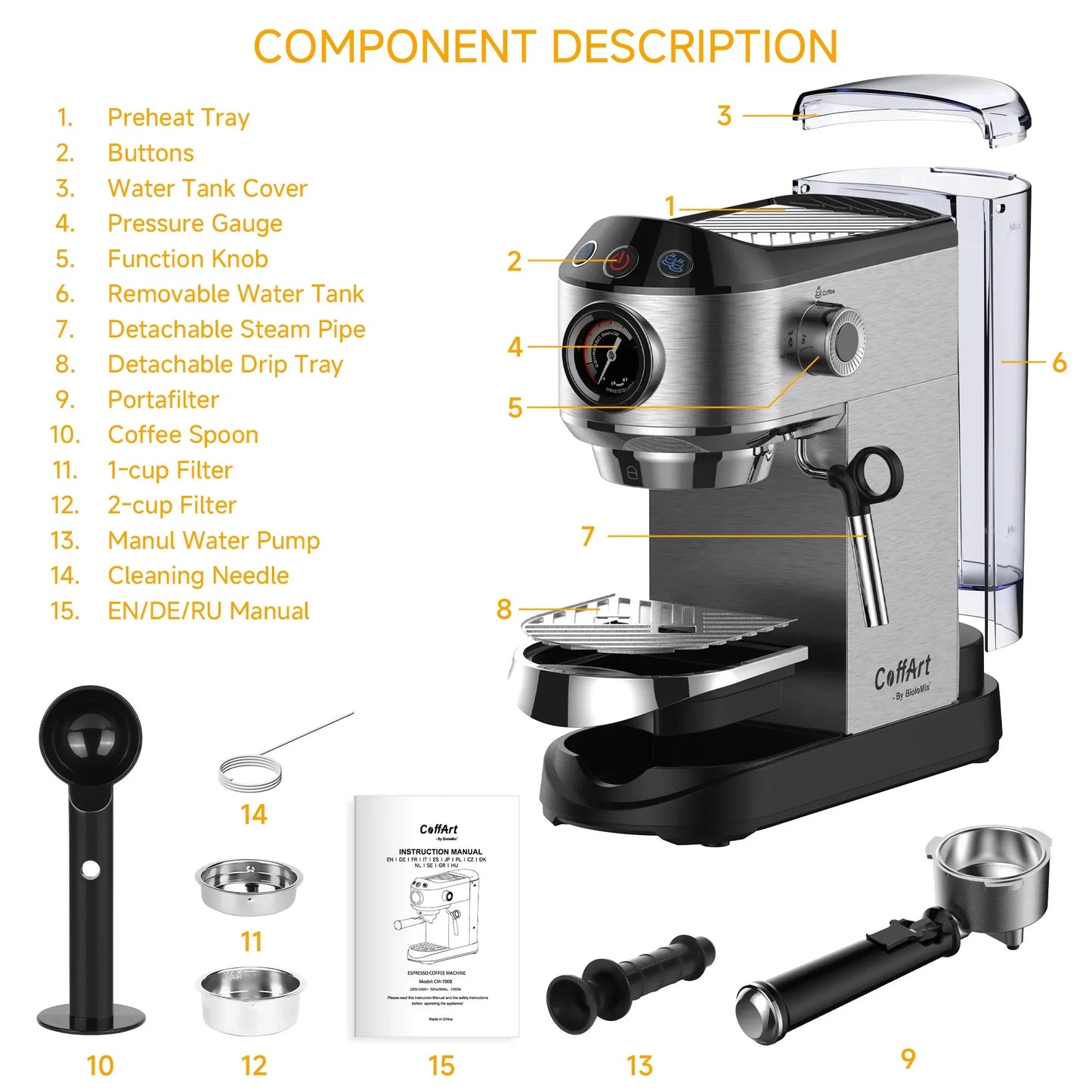 BioloMix 20 Bar Semi-Auto Espresso Machine with Steam Frother – 1350W Coffee Machine Peaceful Pleasures Health and Wellness