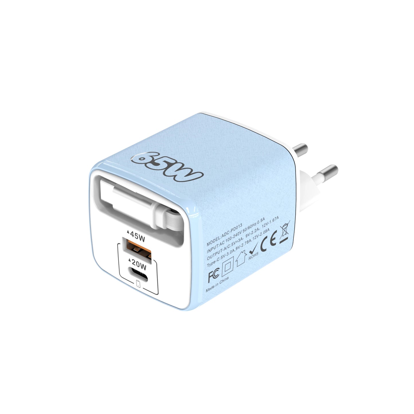 65W 3-in-1 USB-C Fast Wall Charger PD Quick Charge