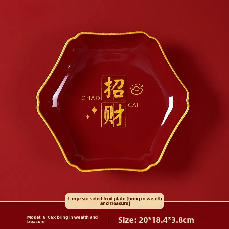 Hexagonal Fruit Plate Nafu Zhaocai Series Melamine Material New Year's Wedding Home High End Gold Edged Dried Fruit Snack Plate Peaceful Pleasures Health and Wellness Fortune