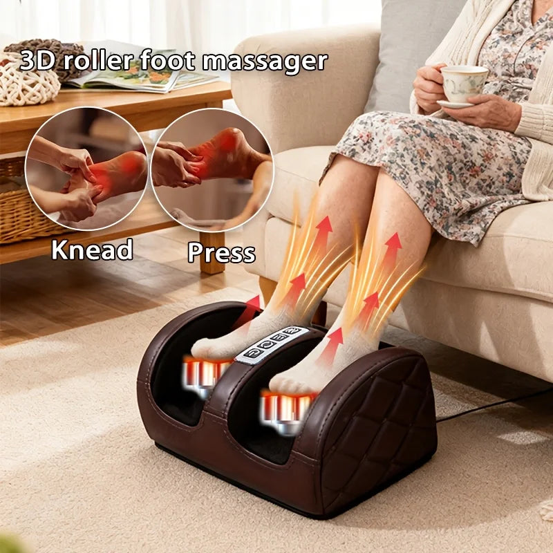 Electric Brown Foot Massager. Roller Acupressure Relaxation Massage, Targeted Massage of Foot Meridian Points. Two-Way Motion Modes, 3 Levels of Massage Intensity. Especially Suitable for Use on Calves, Feet, Legs, and Hands. Peaceful Pleasures Health and Wellness Brown EU Plug 220 V