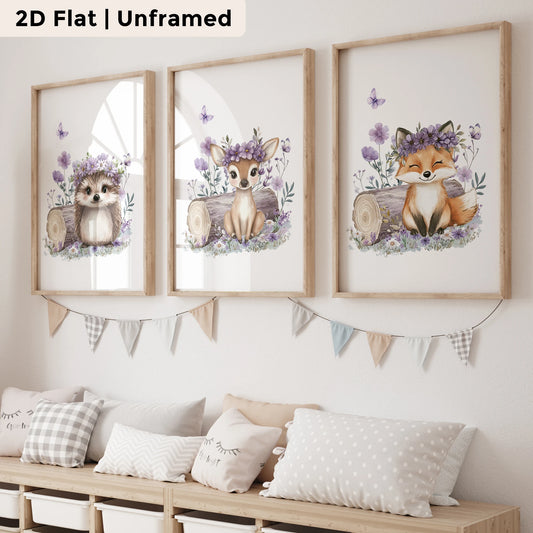 3-Piece Cartoon Purple Fox Canvas Wall Art | Kids Room Decor Canvas Wall Art Peaceful Pleasures Health and Wellness CH007-3pcs 60x80cm Unframed