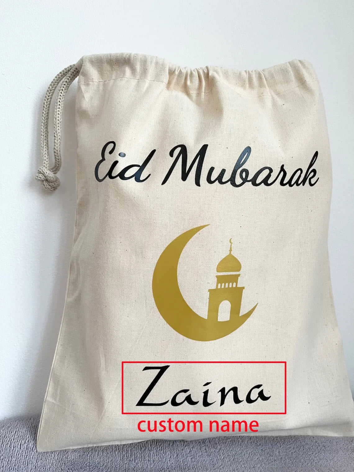 Personalised Eid Mubarak Gift Sack | Mosque Design for Kids Personalised Gift Bag Peaceful Pleasures Health and Wellness gold custom name 30x40cm