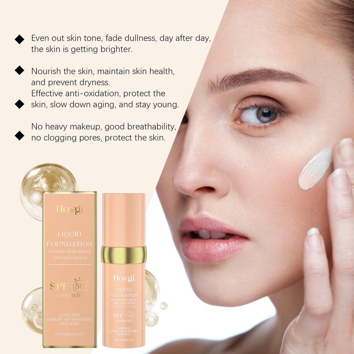 Hoygi SPF 50 Liquid Foundation – Full Coverage, Temperature-Adaptive