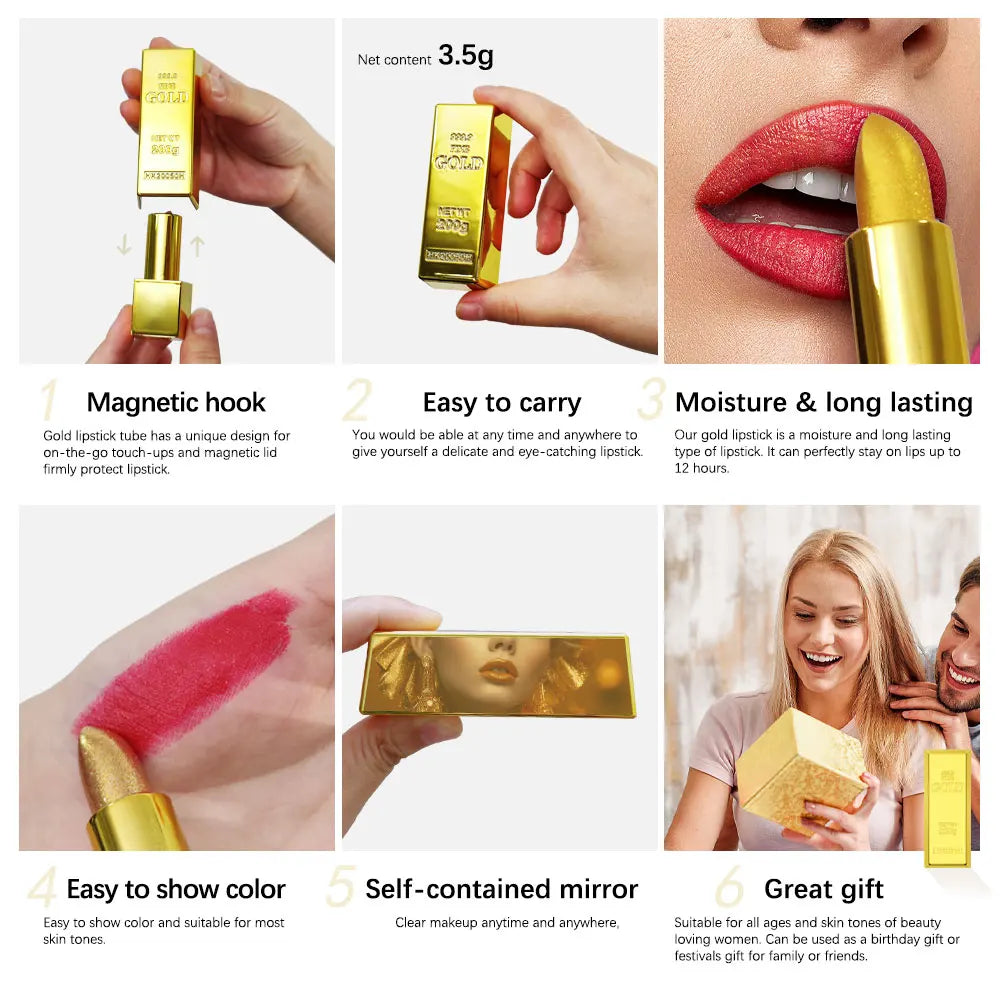 Hallowmas High-pigmented Gold Lipstick Shiny Metallic Matte Velvet Waterproof Long Lasting Sexy Gold Lip Gloss Women Lip Makeup Peaceful Pleasures Health and Wellness