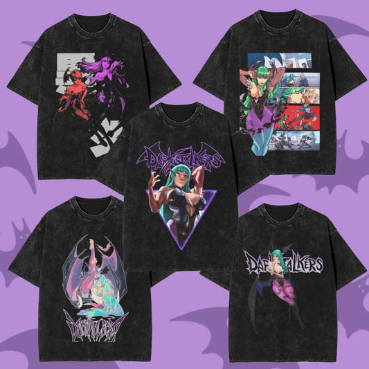 Casual Morrigan Aensland T-Shirts for Men Crew Neck Cotton Washed T Shirt Vampire Short Sleeve Tee Shirt Big Size Clothes Peaceful Pleasures Health and Wellness