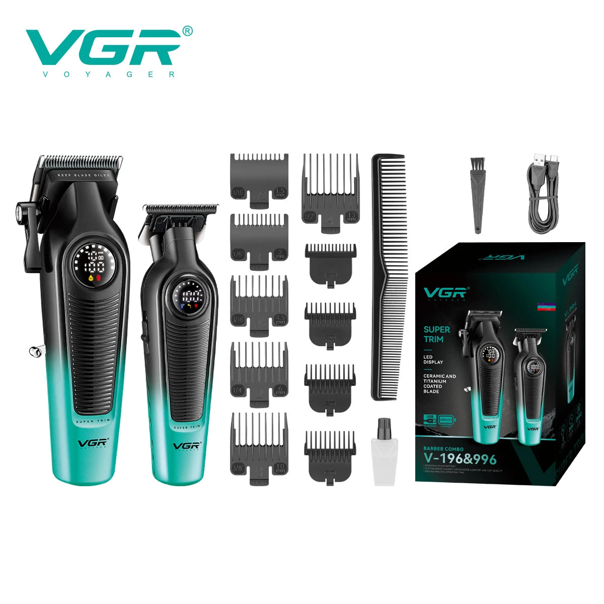 VGR high-end hair trimming set 2-piece men's electric hair clipper household oil head carving push shear digital shave V-196&996 Peaceful Pleasures Health and Wellness