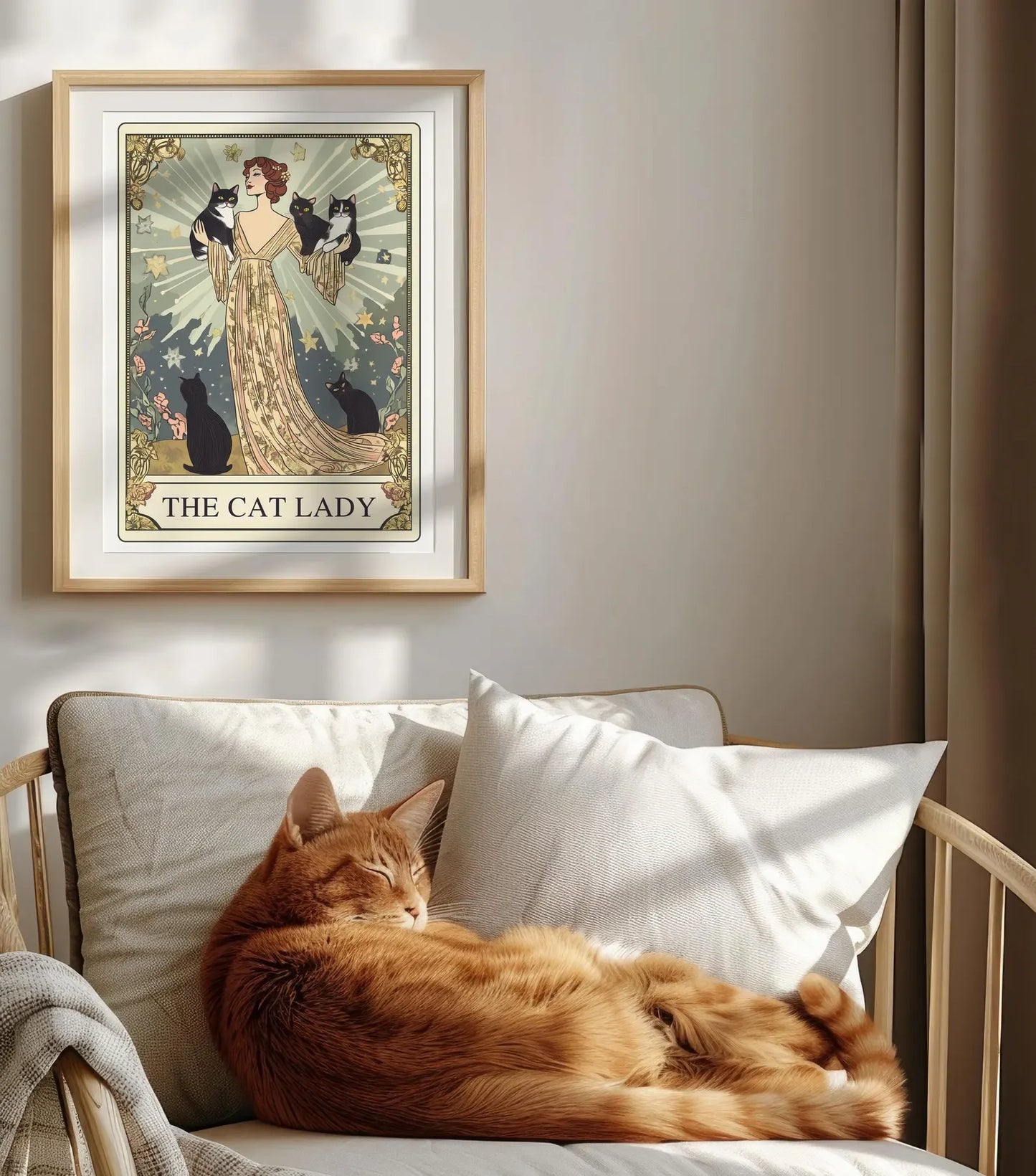 The Cat Lady Tarot Print, Art Nouveau Cat Lovers Wall Art, Vintage Cat Poster, Cat Mom Gift, Unique Cat Print, Apartment Decor Peaceful Pleasures Health and Wellness