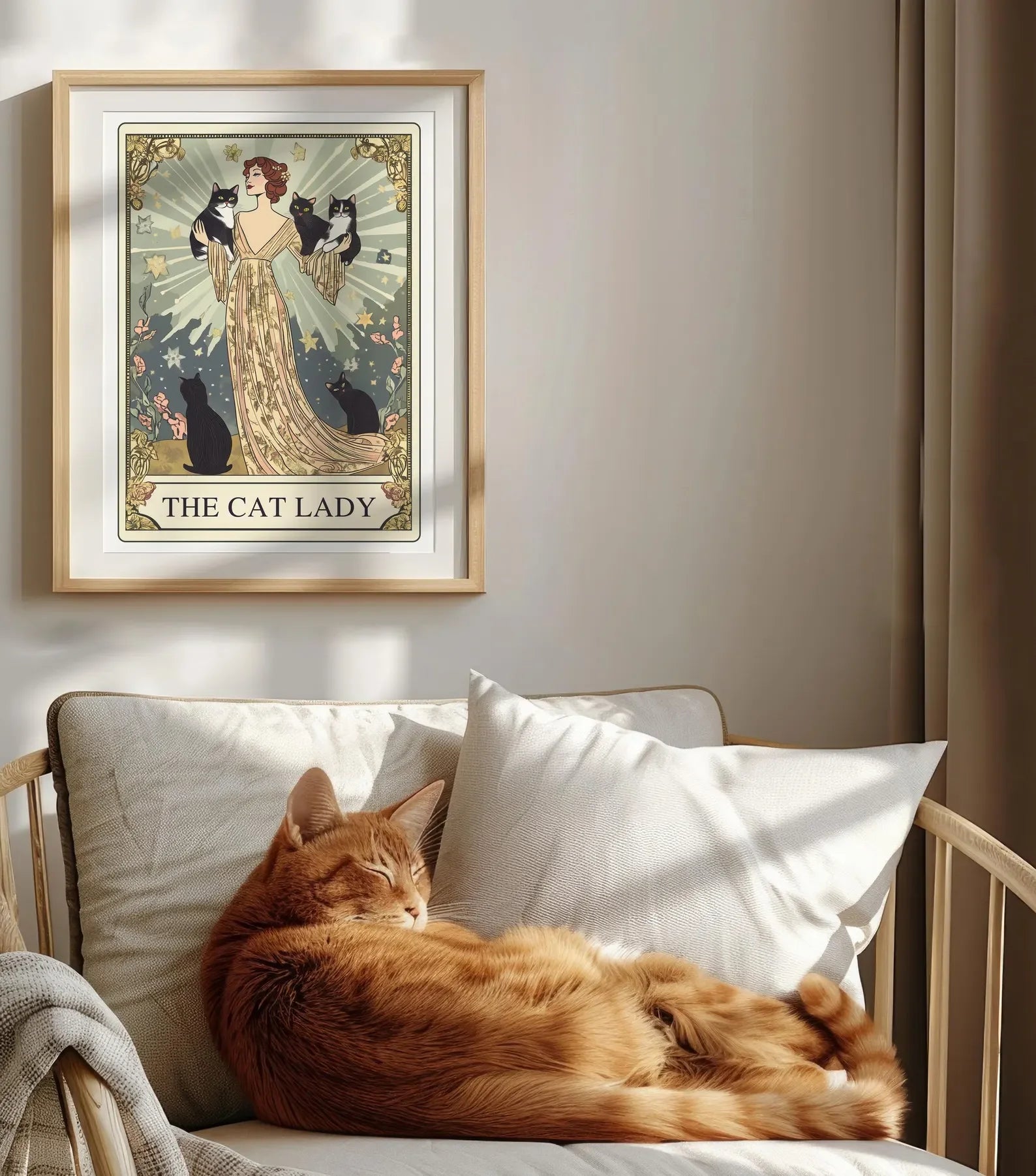 The Cat Lady Tarot Print, Art Nouveau Cat Lovers Wall Art, Vintage Cat Poster, Cat Mom Gift, Unique Cat Print, Apartment Decor Peaceful Pleasures Health and Wellness