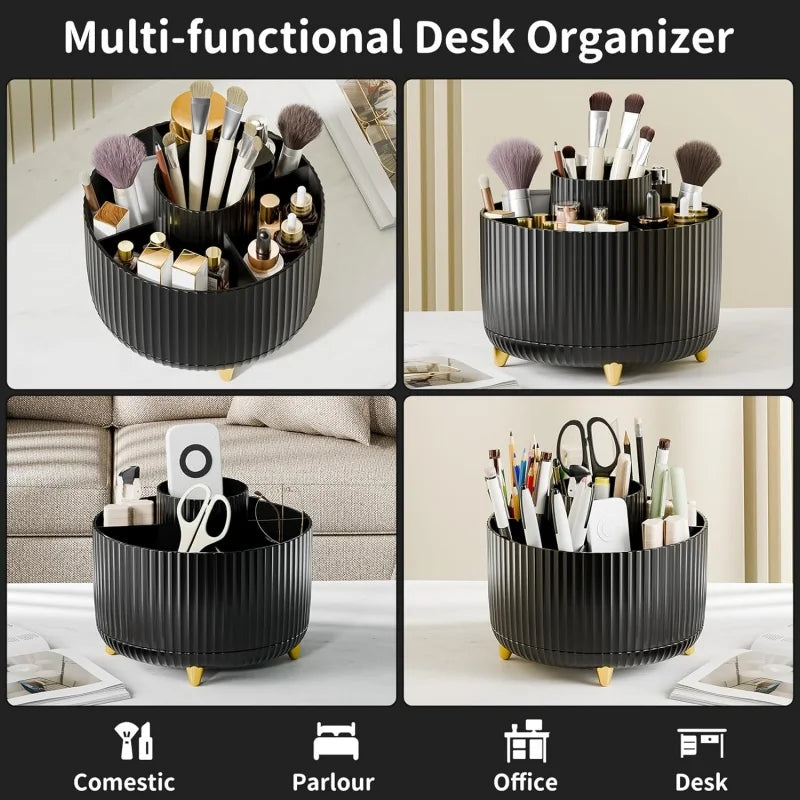 360° Rotating Makeup Organizer with Brush Holder & Perfume Tray
